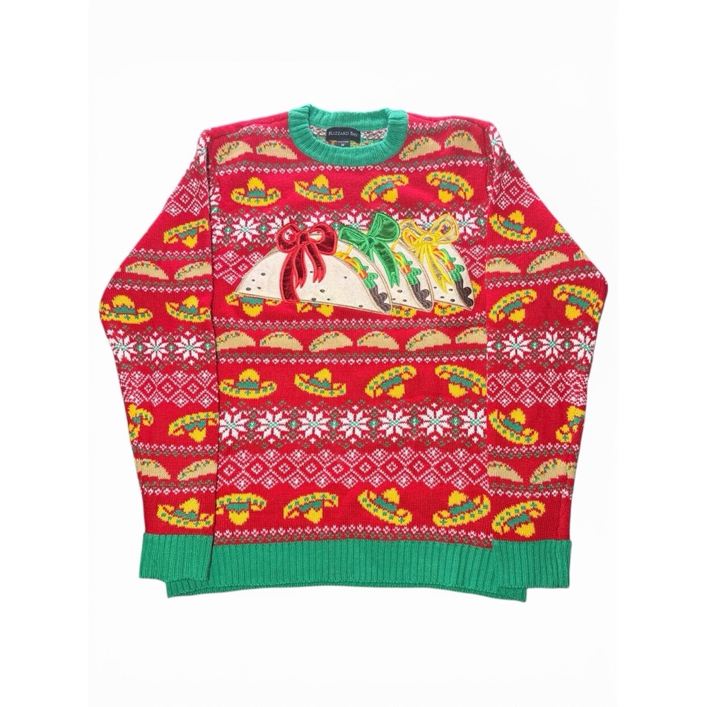 Blizzard Bay‎ Mens Taco Sombrero Ugly Christmas Sweater Red Green Size M